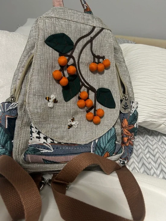 Beige Mini Backpack with Orange Berry Appliqué - Picture 2 of 7